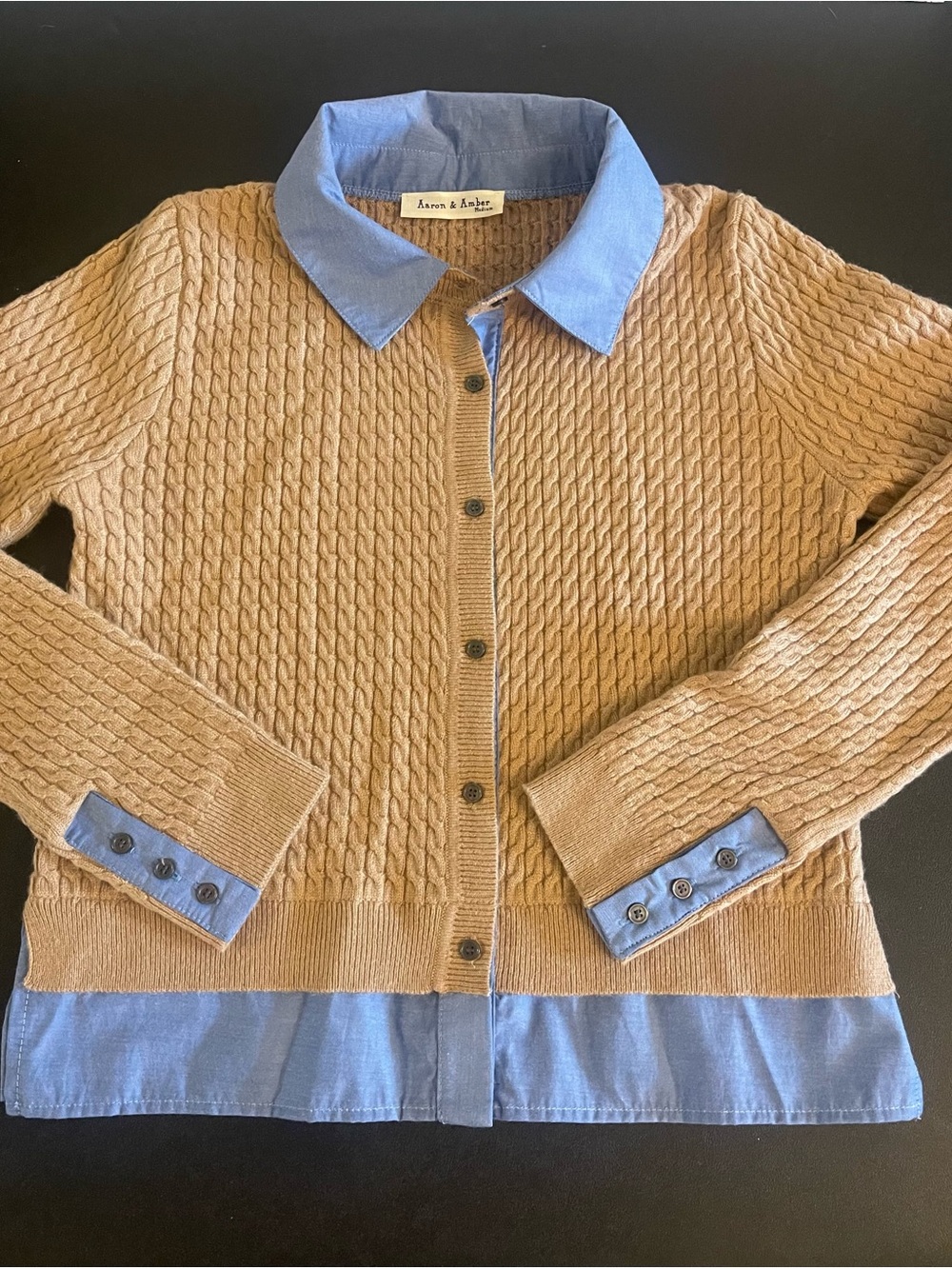 Aaron & Amber Tan Cable-Knit Cardigan Mixed Media Size Medium